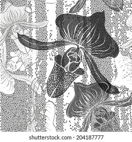 Monochrome seamless pattern with orchids. Hand-drawn floral background.