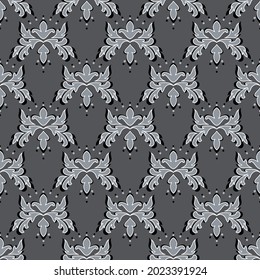 Patrón monocromo sin costuras en estilo oriental, damasco. Impresión gris volumétrica con un contorno blanco, elementos abstractos curvados. Ideal para cualquier proyecto publicitario o de diseño audaz.