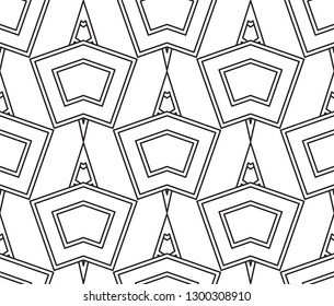 Monochrome seamless pattern, ornament. Through geometric elements. Black on white.