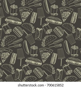 Monochrome seamless pattern with outline fast food symbols, yellow line fastfood signs on dark background. Food texture for bar, cafe menu design, textile, wrapping paper, wallpaper, banner, cover