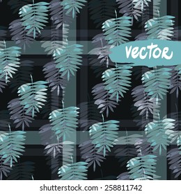 monochrome seamless pattern with palm leaves, dark blue floral vector ornament, on a dark background, vector seamless masculine checks textile. Dark tropical jungle with stripes checkered.