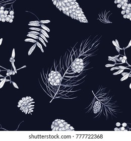 Monochrome seamless pattern with parts of winter plants - mistletoe, branches of coniferous trees, cones, berries and leaves of rowan tree. Vector illustration for wallpaper, fabric print, backdrop.