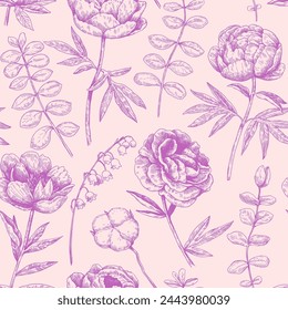 Monochrome nahtlose Muster mit Pfingstrose und Eukalyptus im viktorianischen Gravurstil. Vektorillustration.