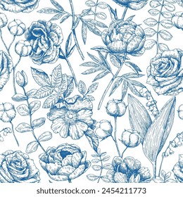 Monochrome seamless pattern with peony and eucalyptus in victorian engraving style. Vector illustration.