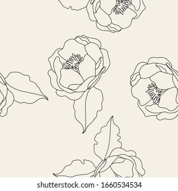Monochrome seamless pattern with Peony flowers and leaves. Linear hand drawn texture