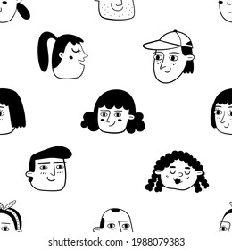 Monochrome seamless pattern with people faces. Portraits of various men and women.