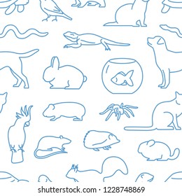 Monochrome seamless pattern with pets drawn with contour lines on white background. Backdrop with domestic animals. Vector illustration in linear style for wrapping paper, wallpaper, textile print.