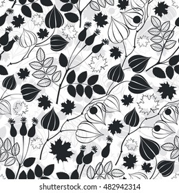 Monochrome seamless pattern with physalis,dogrose berries and maple leaves. Floral vector background.