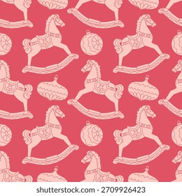 Un patrón monocromo sin fisuras en rosa y escarlata con caballos mecedores y adornos de árboles de Navidad. Un fondo de vacaciones elegante y festivo para diseños de temporada.