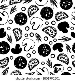 Einfarbiges nahtloses Muster mit Pizzasorten: Pilze, Pfefferoni, Tomaten, Oliven, Kräuter mit Grunge-Textur. Kunst-Vektorgrafik von Essen. Handgezeichneter doodeller Hintergrund für Stoffdruck-Design