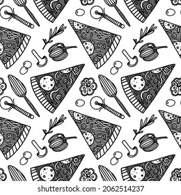 Monochrome seamless pattern with pizza triangles, pizza knife and vegetables