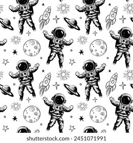 Monochrome seamless pattern with planets and astronaut. Space background. Space elements.