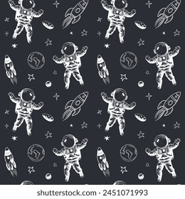 Monochrome seamless pattern with planets and astronaut. Space background. Space elements.