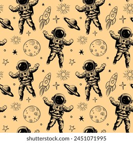 Patrón monocromo sin fisuras con planetas y astronauta. Fondo del espacio. Elementos espaciales.