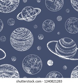 Monochrome seamless pattern with planets and other planetary bodies in outer space. Backdrop with celestial objects drawn in retro dotwork style. Vector illustration for wallpaper, wrapping paper.