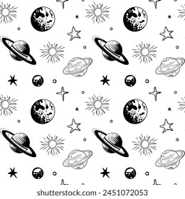 Monochrome seamless pattern with planets and stars. Space background. Hand drawn space elements.