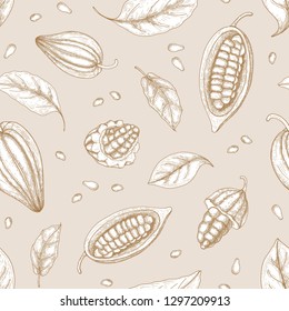 Monochrome seamless pattern with pods or fruits of cocoa tree, beans or seeds and leaves hand drawn with contour lines on light background. Botanical vector illustration for textile print, wallpaper.