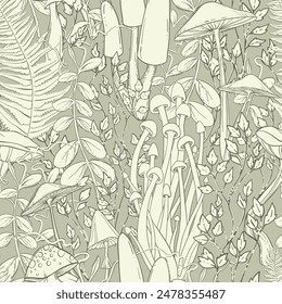 Monochrome seamless pattern with poisonous mushrooms and forest plants, hand-drawn vector illustration