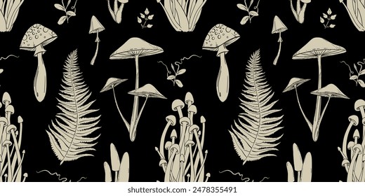 Monochrome seamless pattern with poisonous mushrooms and forest plants, hand-drawn vector illustration