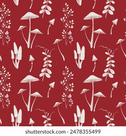 Monochrome seamless pattern with poisonous mushrooms and forest plants, hand-drawn vector illustration