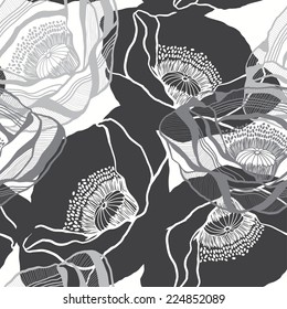 Monochrome seamless pattern with poppies. Hand-drawn floral background.