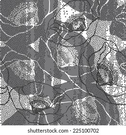 Monochrome seamless pattern with poppies. Hand-drawn floral background.