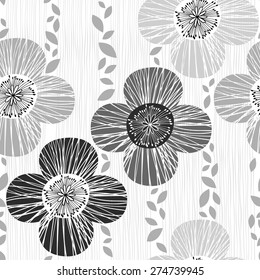 Monochrome seamless pattern with poppies. Hand-drawn floral background.