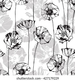 Patrón monocromo sin fisuras con amapolas. Fondo floral hecho a mano.