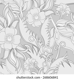 Monochrome seamless pattern with poppies and leaves. Decorative repeatable textile or web background with abstract flowers. Floral motif in grey shadows. Vector file is EPS8.