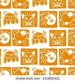 Monochrome seamless pattern with portraits of pets: dog, cat, parrot, mouse. Simple doodle style illustration. Use for gift wrapping, background, pet shop branding.