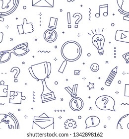 Monochrome seamless pattern with puzzles, riddles, quiz tournament or competition, knowledge test, smart game elements. Vector illustration in linear style for wrapping paper, fabric print, wallpaper.