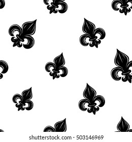 Monochrome seamless pattern with queenly iris. Royal signs in style of fashion illustration. Black and white vector background