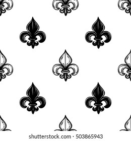 Monochrome seamless pattern with queenly iris and regal fleur de lys. Royal signs in style of fashion illustration. Black and white vector background