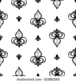 Monochrome seamless pattern with queenly iris and regal fleur de lys. Royal signs in style of fashion illustration. Black and white vector background