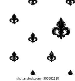 Monochrome seamless pattern with queenly iris. Royal signs in style of fashion illustration. Black and white vector background