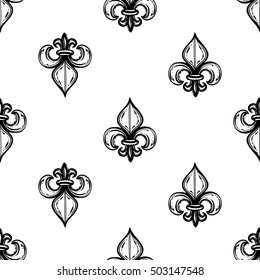 Monochrome seamless pattern with regal fleur de lys. Royal signs in style of fashion illustration. Black and white vector background