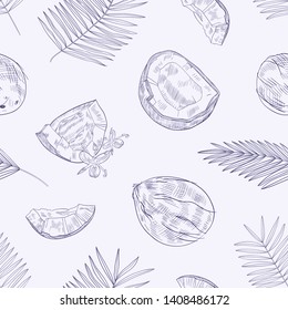 Monochrome seamless pattern with ripe fresh cracked coconuts, blooming flowers and palm tree leaves hand drawn with contour lines on light background. Tropical vector illustration for wrapping paper.