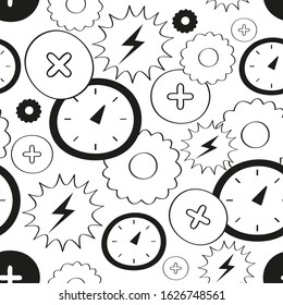 Monochrome seamless pattern with robot tools and clocks in Scandinavian style. Vector Illustration. Kids poster for nursery design. Great for baby textile, clothing, wrapping paper.