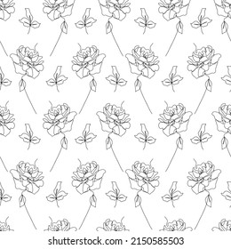 Monochrome seamless pattern with rose flowers line drawings. Endless floral background.