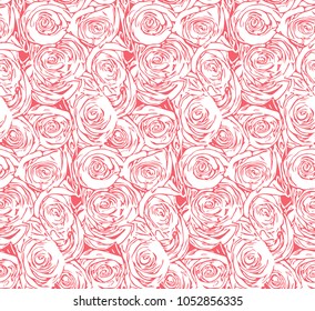 Monochrome seamless pattern with roses.   Hand-drawn illustration.  Vector