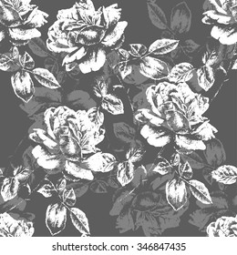 Monochrome seamless pattern with roses. Vector. Hand drawn.
