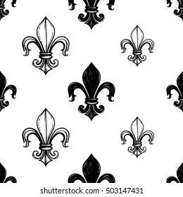 Monochrome seamless pattern with royal lily and kingly flower. Royal signs in style of fashion illustration. Black and white vector background