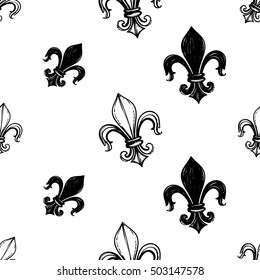 Monochrome seamless pattern with royal lily and kingly flower. Royal signs in style of fashion illustration. Black and white vector background