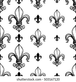 Monochrome seamless pattern with royal lily and kingly flower. Royal signs in style of fashion illustration. Black and white vector background