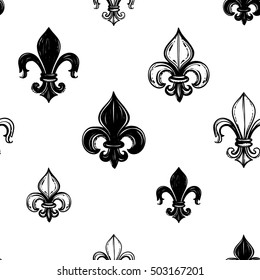 Monochrome seamless pattern with royal lily, kingly flower, queenly iris, regal fleur de lys. Royal signs in style of fashion illustration. Black and white vector background