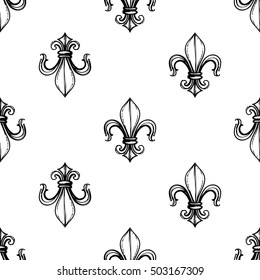Monochrome seamless pattern with royal lily. Royal signs in style of fashion illustration. Black and white vector background