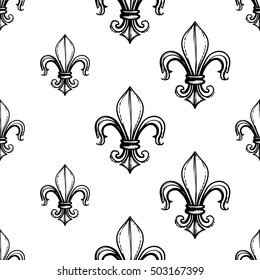 Monochrome seamless pattern with royal lily. Royal signs in style of fashion illustration. Black and white vector background