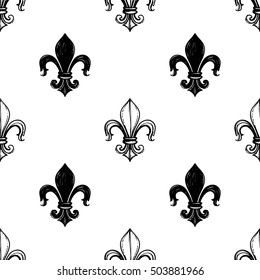 Monochrome seamless pattern with royal lily and kingly flower. Royal signs in style of fashion illustration. Black and white vector background