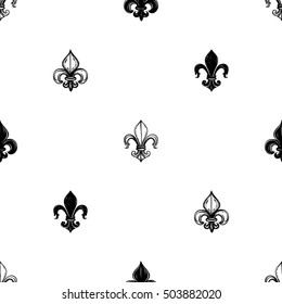 Monochrome seamless pattern with royal lily, kingly flower, queenly iris, regal fleur de lys. Royal signs in style of fashion illustration. Black and white vector background