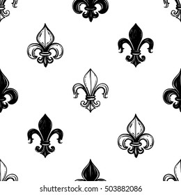 Monochrome seamless pattern with royal lily, kingly flower, queenly iris, regal fleur de lys. Royal signs in style of fashion illustration. Black and white vector background